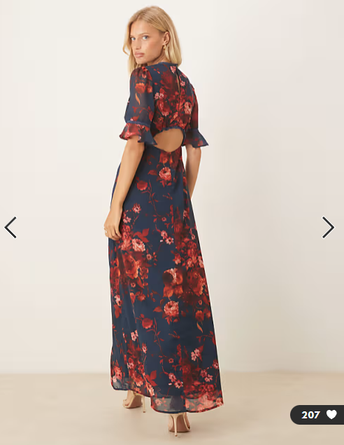 Hope & Ivy chiffon v neck button detail open back front split maxi dress in navy and red floral