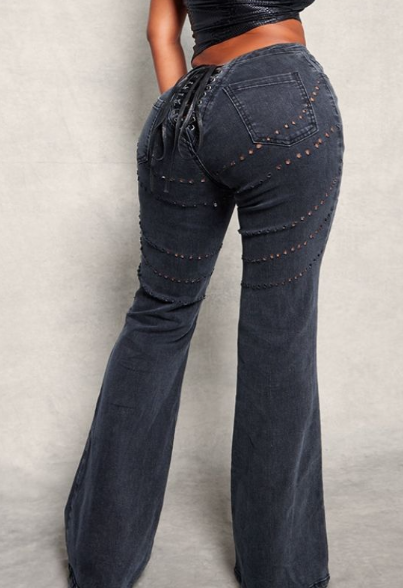 Plt - Shape Black Denim Lace Up Back Flare Jeans