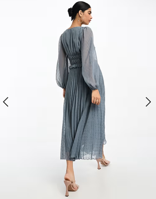 ASOS DESIGN button through ruched waist pleated midi dress in metallic dobby in silver grey