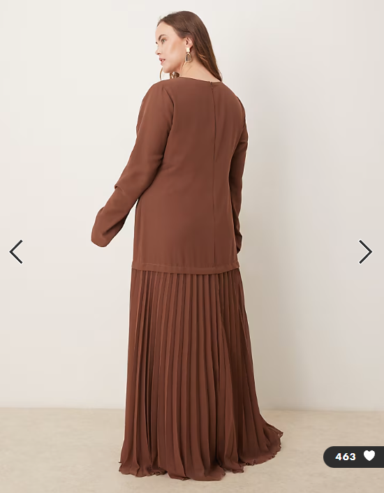 ASOS DESIGN Curve long sleeved pleated skirt maxi dress in chocolate