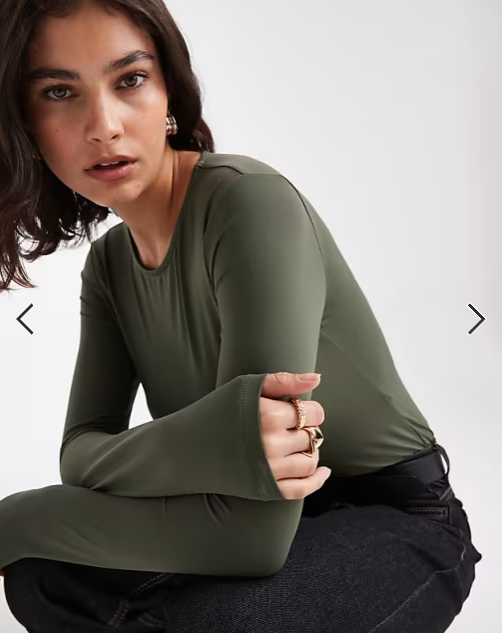 ASOS DESIGN polyamide slinky long sleeve bodysuit in khaki