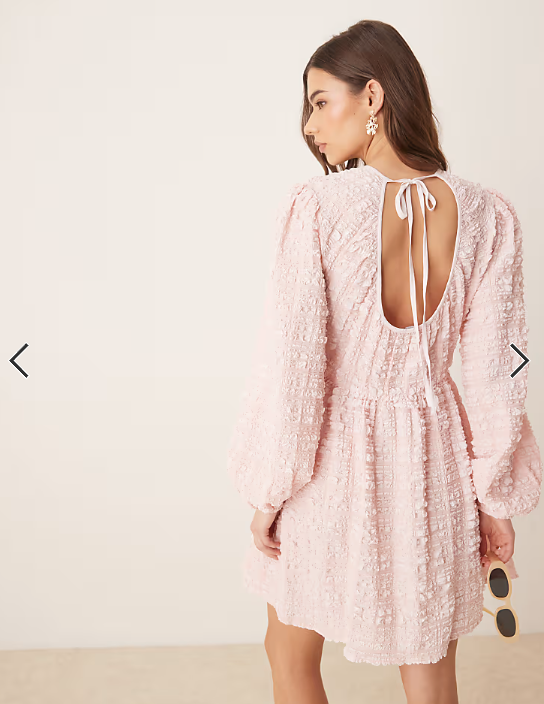 Gina Tricot textured mini dress with open tie back and volume sleeves in pink