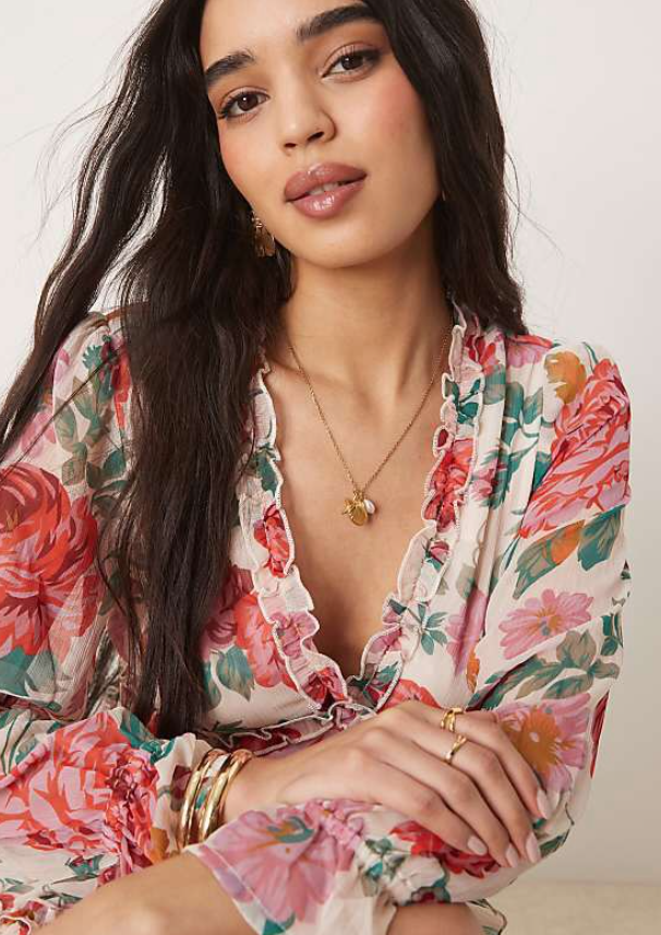 Vila chiffon frill detail mini dress in red rose print