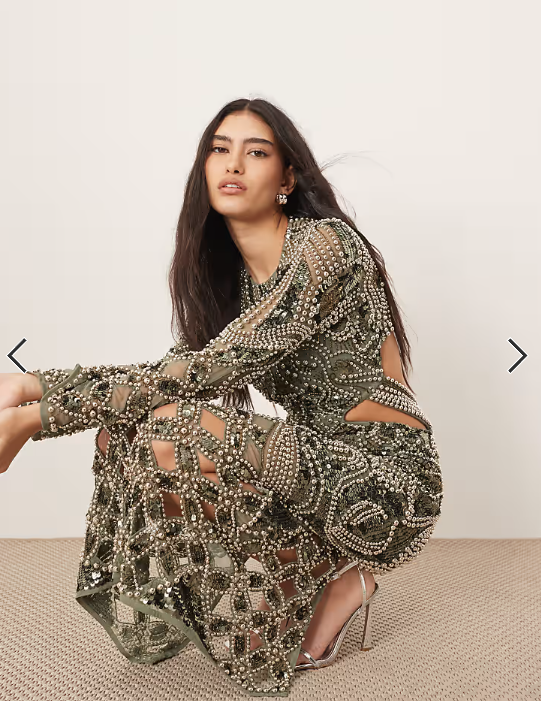 ARRANGE embellished metal look cage cut work maxi dress in dark green