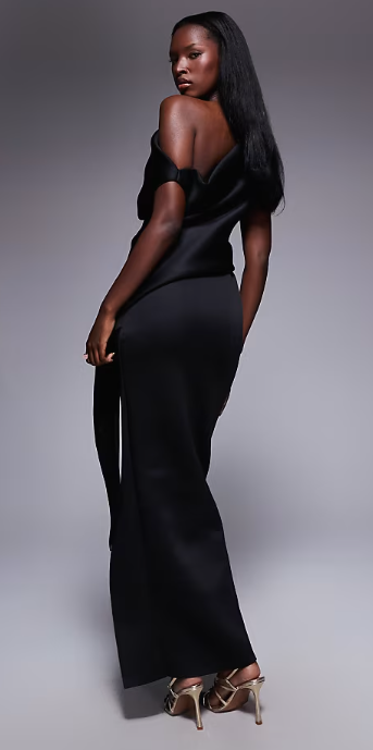 ASOS DESIGN fallen shoulder manipulated fold midi dress in black scuba-style fabric