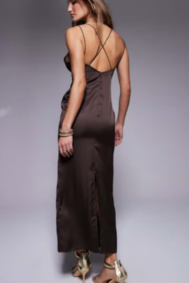 ASOS DESIGN satin midi dress with chiffon bust detail and cross back in chocolate brown