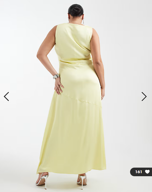 TFNC Plus Bridesmaid satin cowl front and back maxi dress in butter lemon