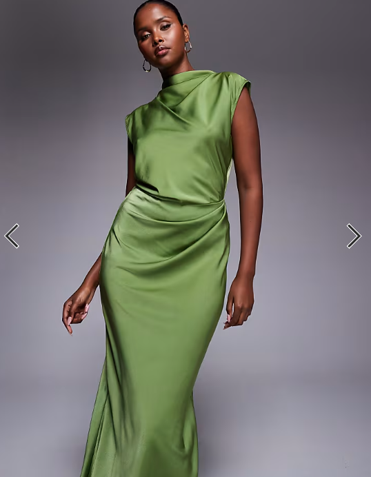 ASOS DESIGN satin high neck pleated bodice midi dress in olive green