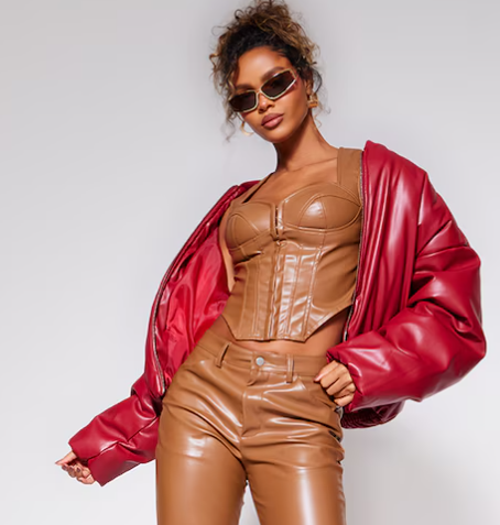 Stone Faux Leather Corset Detail Long Top