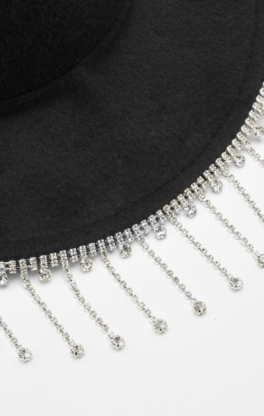 Black Diamante Tassel Trim Cowboy Hat