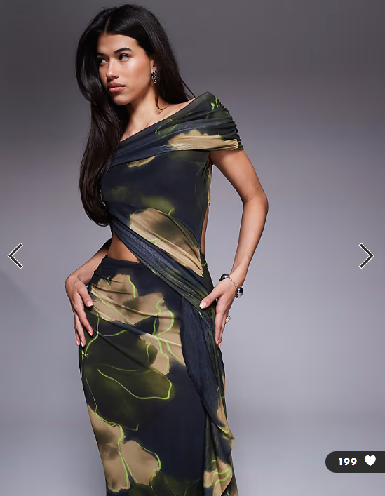 ASOS DESIGN mesh ruched off shoulder midi dress with ruffle sash detail in black and green floral print