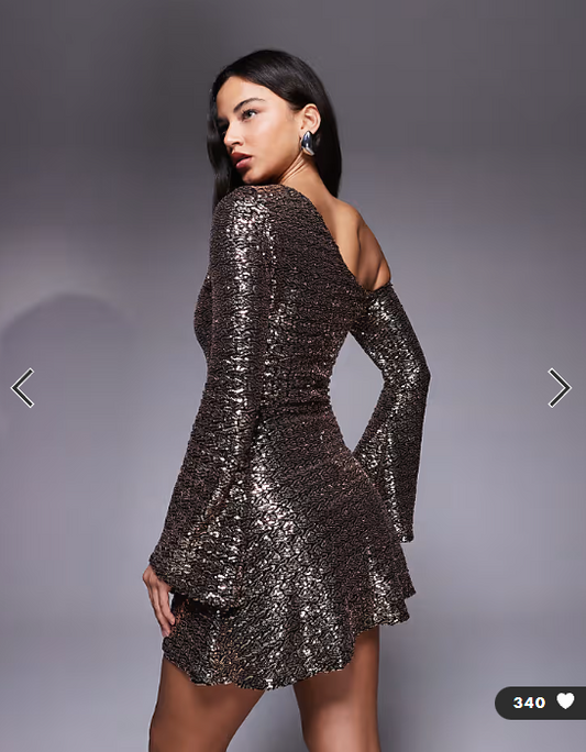 ASOS DESIGN off shoulder sequin angel sleeve mini dress in gold