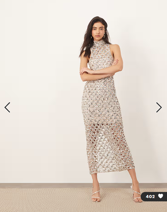 ARRANGE geo cut work embellished high neck column maxi dress in silver