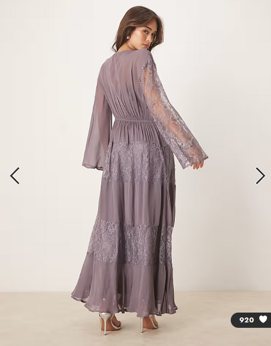ASOS DESIGN long sleeve lace detailing maxi dress in grey