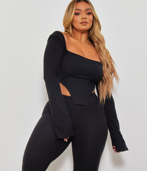 Shape Black Rib Bardot Flare Split Sleeve Crop Top