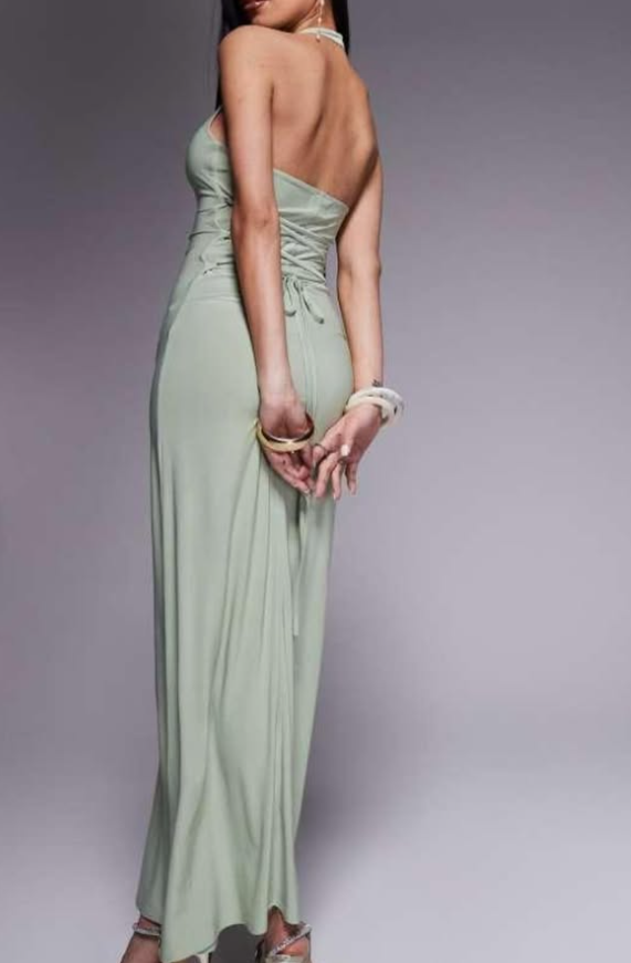 ASOS DESIGN scoop neck midi dress with lace up back detail in green