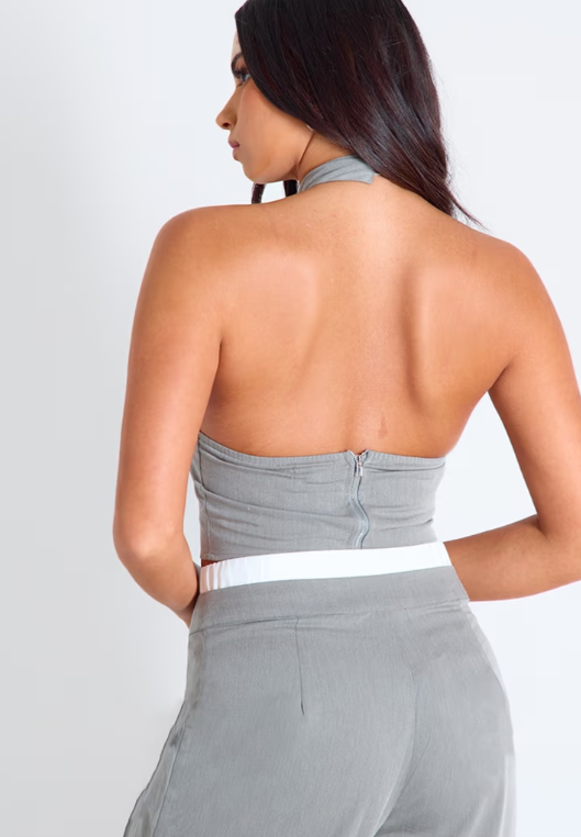 Plt - Grey Woven Key Hole Detail Halterneck Top