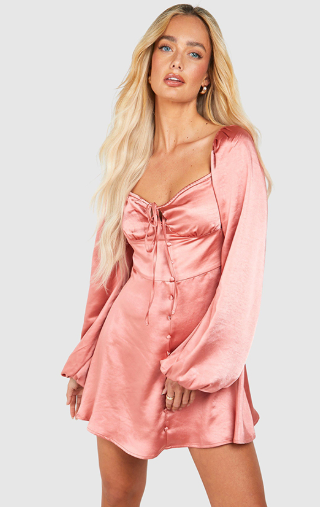 Boohoo - Satin Balloon Sleeves Milkmaid Mini Dress