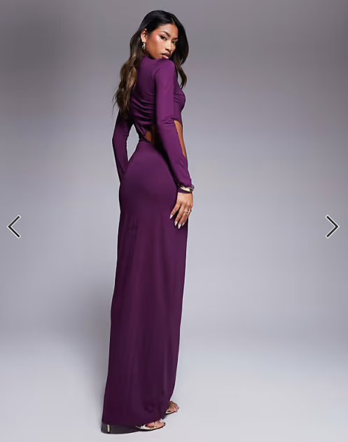 ASOS DESIGN long sleeve high neck cut out maxi dress in plum