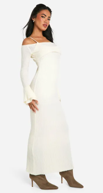 Rib Knit Bardot Halterneck Maxi Dress