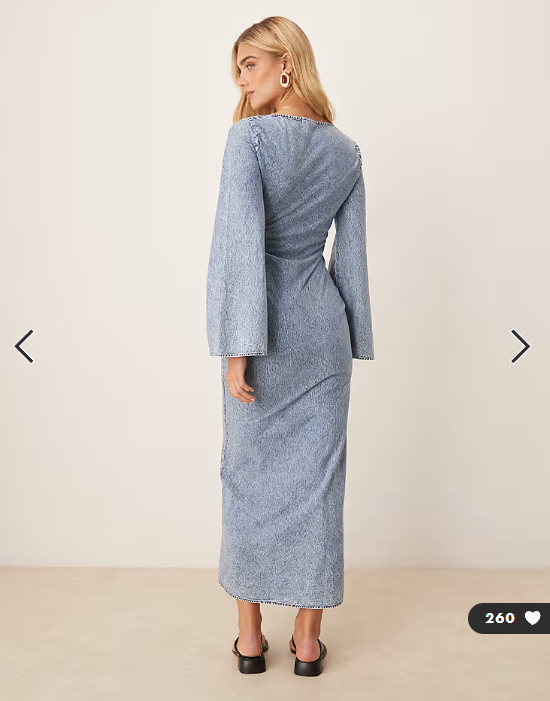 ASOS DESIGN v neck ruched bust maxi dress with flared sleeve in denim wash blue