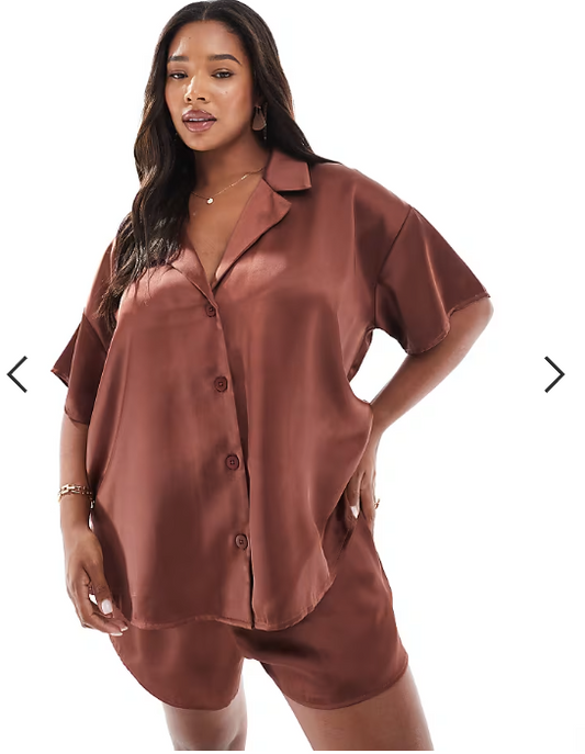 ASOS DESIGN Curve satin short sleeve shirt co-ord in brown