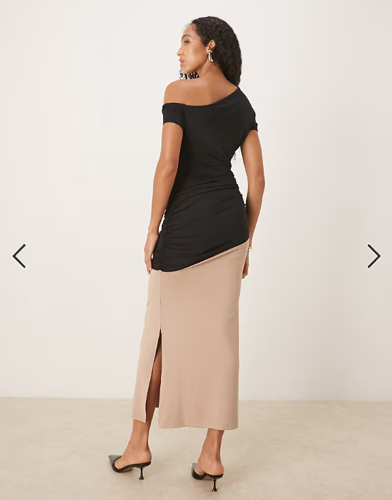 ASOS DESIGN hybrid fallen shoulder maxi dress in beige and black
