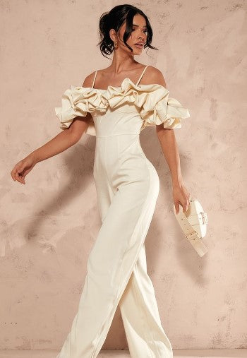 Cream Satin Ruffle Bardot Strappy Jumpsuit