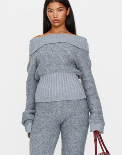 Charcoal Contrast Textured Knit Bardot Foldover Jumper