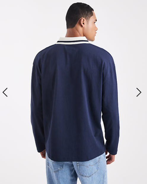 ASOS DESIGN oversized long sleeve polo with sports graphic in navy