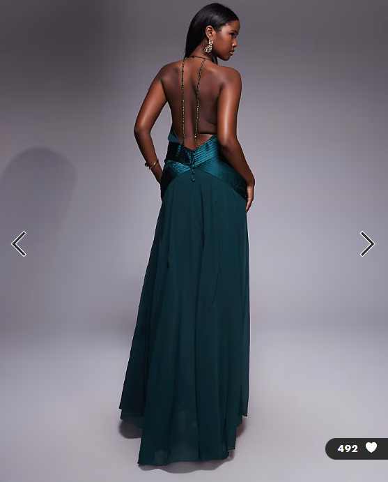 ASOS DESIGN halter wrap godet semi sheer panelled maxi dress with beaded straps in green