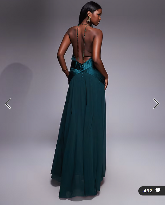 ASOS DESIGN halter wrap godet semi sheer panelled maxi dress with beaded straps in green
