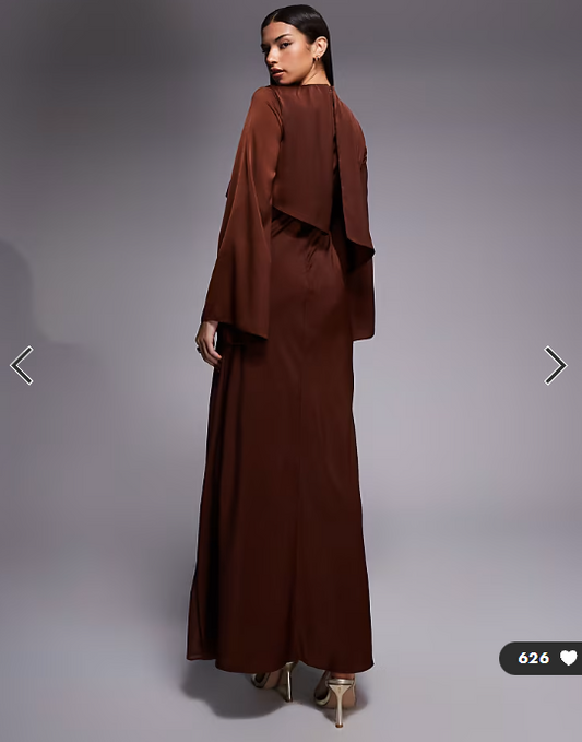 ASOS DESIGN satin long sleeve cape detail maxi dress in chocolate