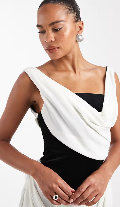 ASOS DESIGN drape maxi dress with contrast bonded velvet bodice in monochrome