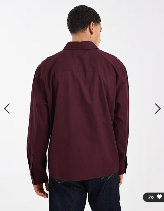 ASOS DESIGN oversized shirt with chest embroidery in burgundy