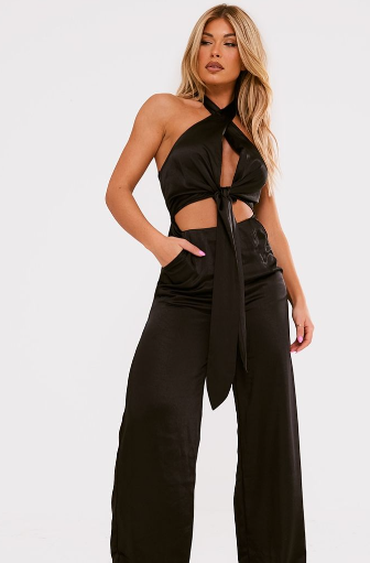 Black Satin Tie Detail Cut Out Halter Jumpsuit