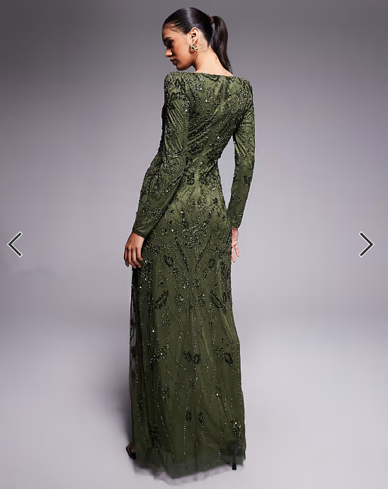 Beauut fully embellished beaded mesh overlay slash neck maxi dress in green