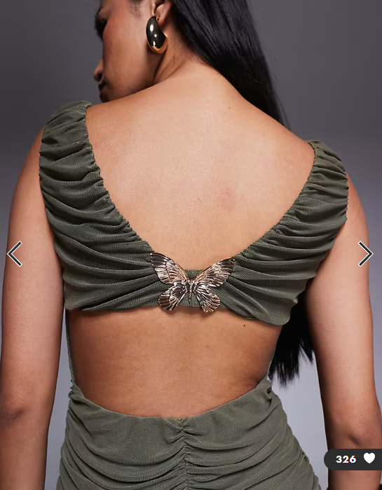 ASOS DESIGN plunge with ruching and open back with gold butterfly trim mesh maxi dress in khaki