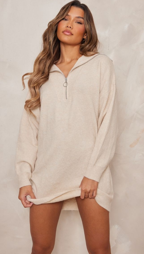 Plt- Oatmeal Luxe Knit Half Zip Jumper Dress