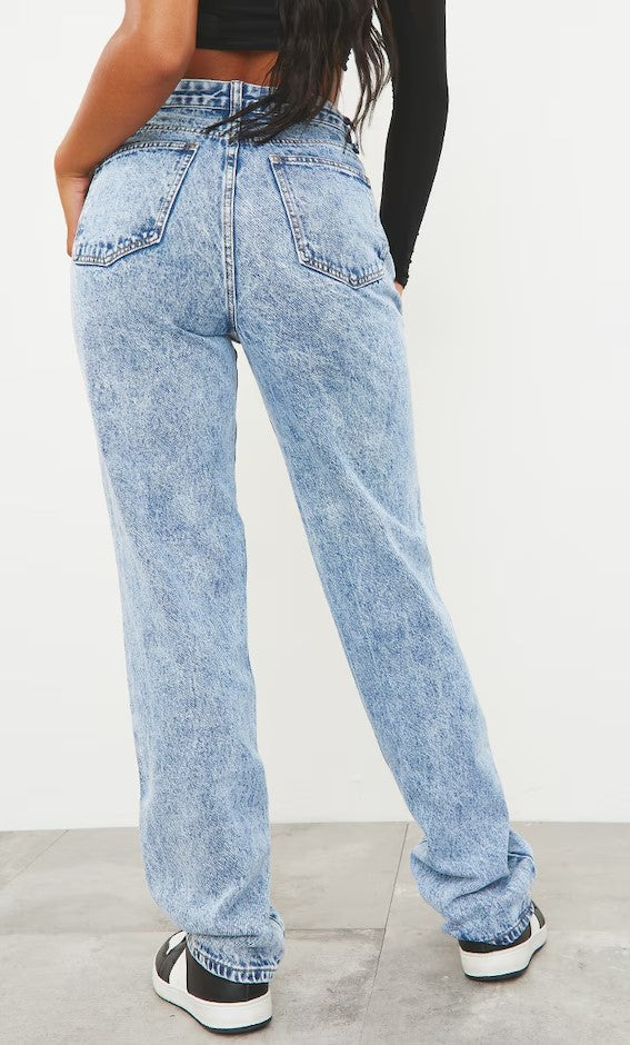 Mid Blue Acid Wash High Waist Straight Leg Jeans