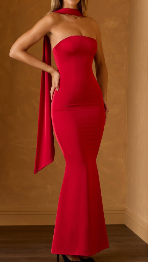 OhPolly-Scarf-Detail Strapless Gown in Scarlet Red