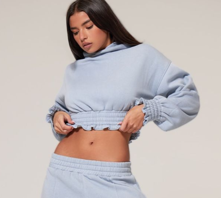 Baby Blue Frill Hem Cropped Hoodie