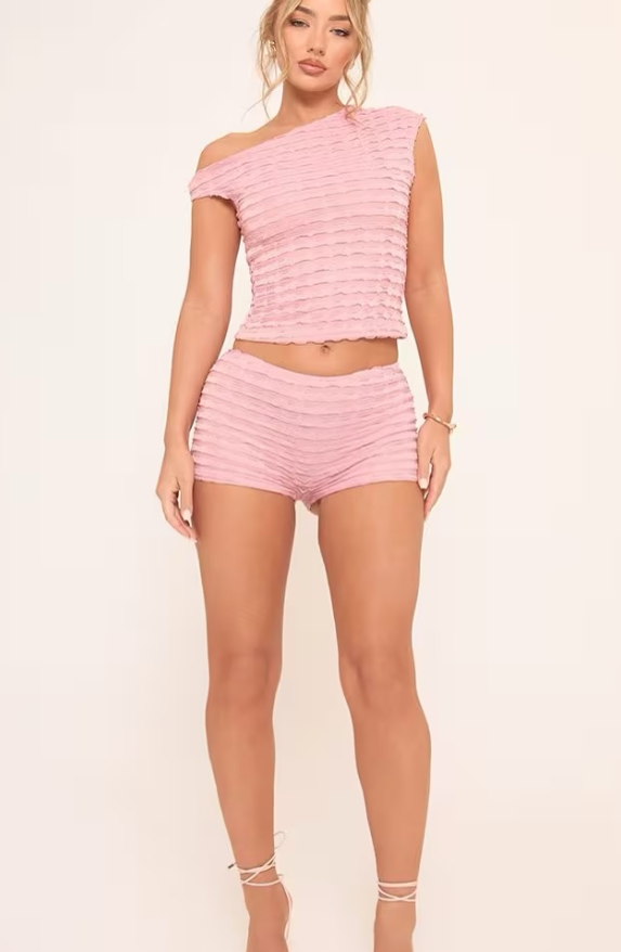 Ego -One Shoulder Asymmetric Top And Booty Shorts Co-Ord Set In Pink Texture SET