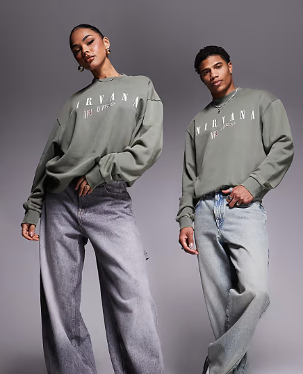 ASOS DESIGN unisex boxy Relaxed sweatshirt with Nirvana prints in washed khaki