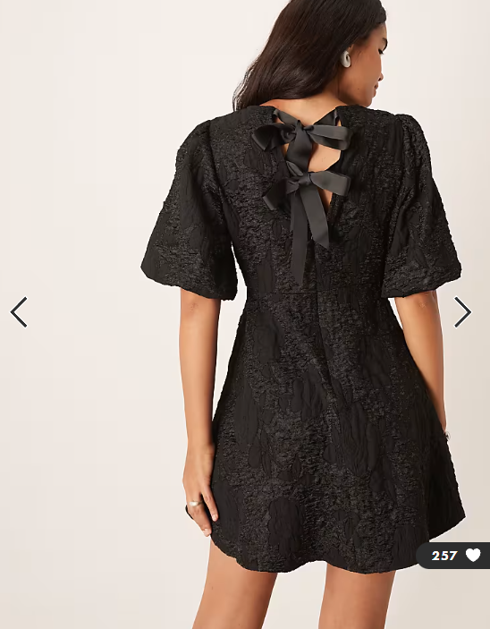 JDY mini dress with puff sleeves and bow back in black jacquard