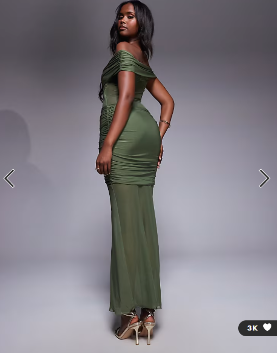 Kaiia exclusive double layered slinky off shoulder sheer mesh hem maxi dress in olive