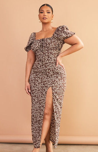 Plus Brown Ditsy Floral Midi Dress