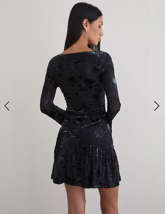 Motel Anyeli velvet leaf mini dress in dark blue