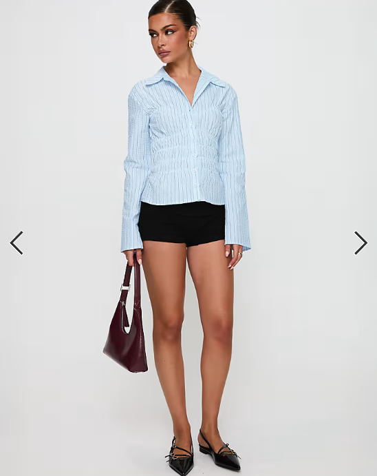 Princess Polly Liesel flare sleeve shirred detail shirt in blue stripe