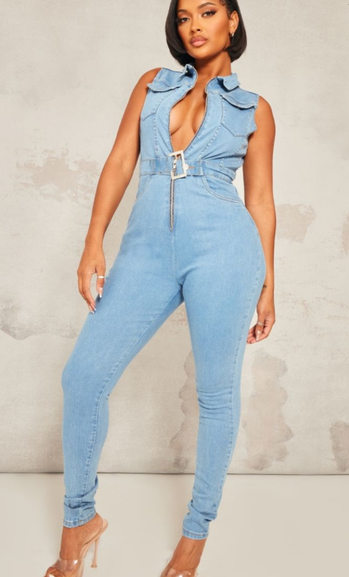 Shape Light Blue Wash Belted Detail Stretch Denim Jumpsuit